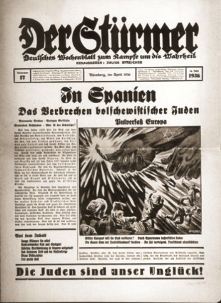 Der Stuermer, with an anti-Semitic caricature depicting the Jew as the instigator of European conflict